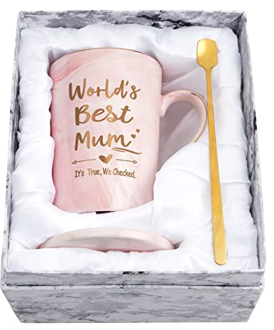 Joymaking World's Best Mum Pink Marble Ceramic Coffee Cup, 14Oz - Mum's Birthday & Mothers Day Gift from Daughter & Son