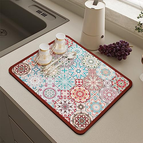 NeuWee Alfombrilla Escurreplatos, Súper Absorbente Alfombra Escurreplatos, Antideslizante Alfombrilla de Secado de Platos, Impreso Drying Mat para Cafetera Cocina (30x40cm, Rojo)