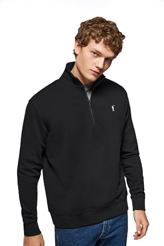 Polo Club Herren Sweatshirt Schwarz ohne Kapuze und Reißverschluss - Pullover mit Half Zip - Sweatjacke 100% Baumwolle mit Reissverschluss - Gesticktem Logo