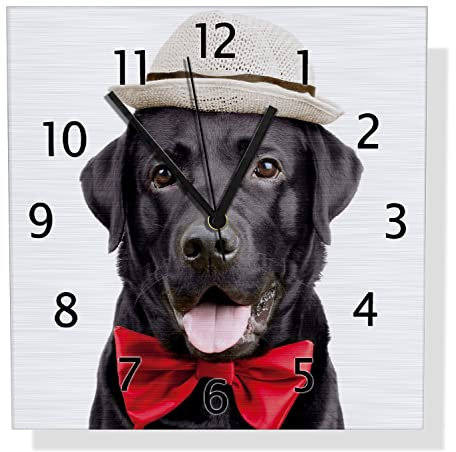 Wallario Design Wanduhr Schwarzer Labrador Retriever mit roter Fliege und Mütze aus Aluverbund, Alu-Uhr Größe 30 x 30 cm, Schwarze Zeiger mit Metalloptik