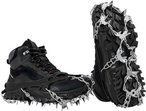 HOSLAFON Steigeisen für Schuhe, 32 Spikes, EIS- und Schneegriffe, Edelstahl-Traktionsstollen zum Gehen, Joggen, Klettern und Wandern