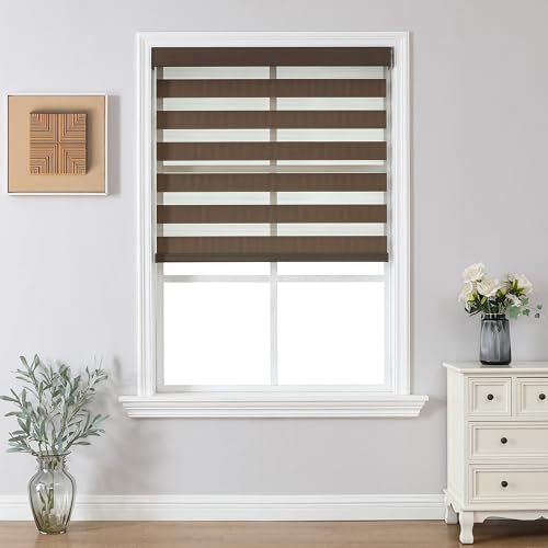Joydeco Cordless Zebra Blinds (Pro), Dual Layer Light Control Zebra Blinds for Windows, Light-Proof Aluminum Cover, Free-Stop Roller Shades for Home & Office (Coffee, 47 W x 75 H)