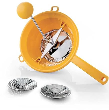 mille idee Passatutto Manuale in Plastica di colore Giallo, Diametro 20 cm, 2 Dischi in dotazione, passaverdure per schiacciare patate, verdure, legumi, salse, pomodori, Made in Italy