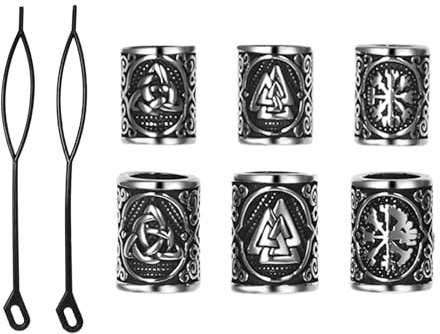 Cupimatch Wikinger Bartperlen Haarperlen Set: Edelstahl Haar- und Bartschmuck keltische 6Pcs Runen Perlen in 2 Größen mit Haarfädler DIY Dreadlock Schmuck Unisex Wikinger Haarschmuck für Frauen Männer