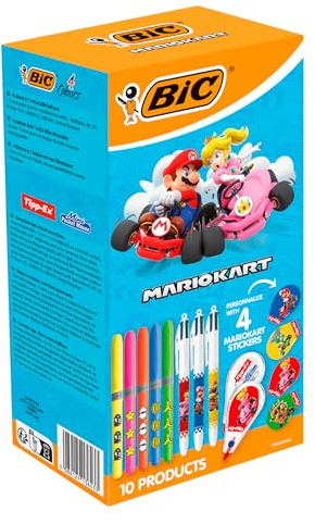 BIC Mario Kart Kit de Papeterie - Stylos-Bille Pointe Moyenne (1,0 mm)/Surligneurs Pointe Biseautée/Souris Correctrices 6 m/Autocollants - Boîte de 10