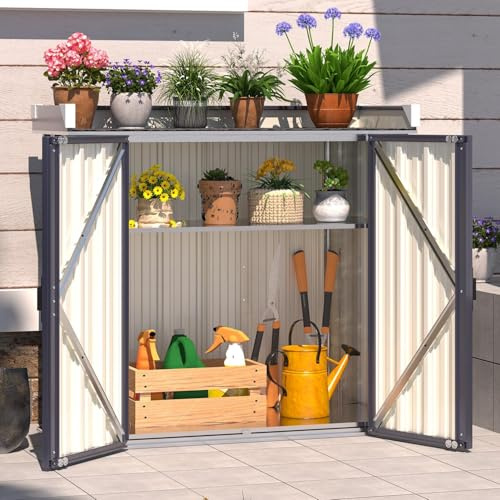 YODOLLA Armoire de Rangement Métallique pour Jardin avec Deux Portes & Étagères, Abri de Rangement Petit Étanche pour Extérieur/Intérieur, Jardin, Terrasse, Porche