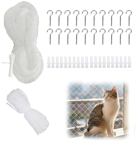 MEISO Katzennetz für Balkon, 3 x 8 m Katzennetz Transparent mit Haken, Kabelbinder, Befestigungsseil, 2.5cm Lochdurchmesser Katzen Netz für Balkone Treppen Fenster Terrassen