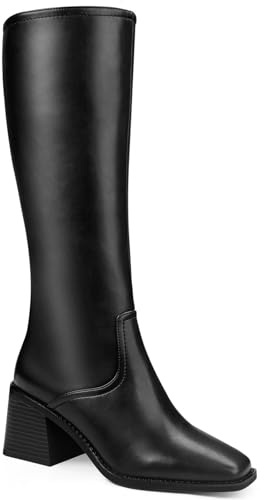 Quorvash Knee High Boots Women - Long Elastic Faux Leather Boots Tall Square Toe Chunky Block High Heel Shoes with Side Zipper Black 7.5