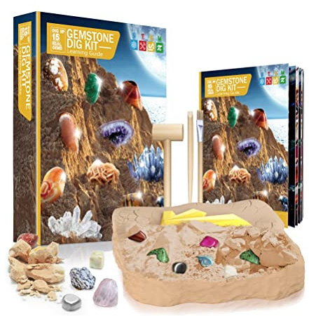 Masyrt Set da Scavo di Minerali, Kit Fai da Te, Rocce e Fossili, Scavo 15 Veri Fossili e Gemme, Kit da Scavo per Scavo di Rocce, Divertenti Set Giocattolo di attività Scientifiche