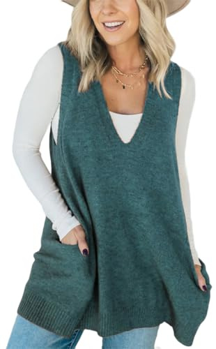WINKEEY Maglione Senza Maniche Gilet Donna Elegante Scollo a V Pullover Maglioni Invernali Maglione Smanicato Invernale Maglia Gilet Smanicato,Verde M