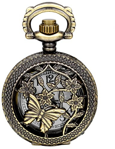 JewelryWe Bronze Butterfly Pocket Watch Openwork Cover Women Ladies Quartz Pendant Necklace Watches with 31.5 Chain
