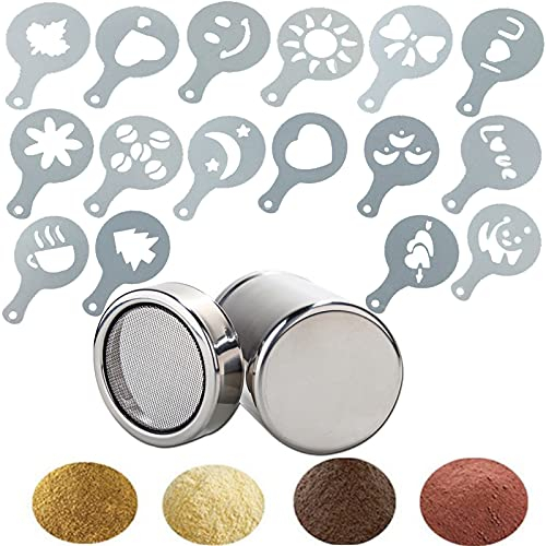 Acciaio Inossidabile in Polvere Shakers per Sale da Zucchero Shaker in Polvere con Coperchio per la Conservazione di Cacao Cannella Farina caffè con 16 Stampa Stampi Stencil