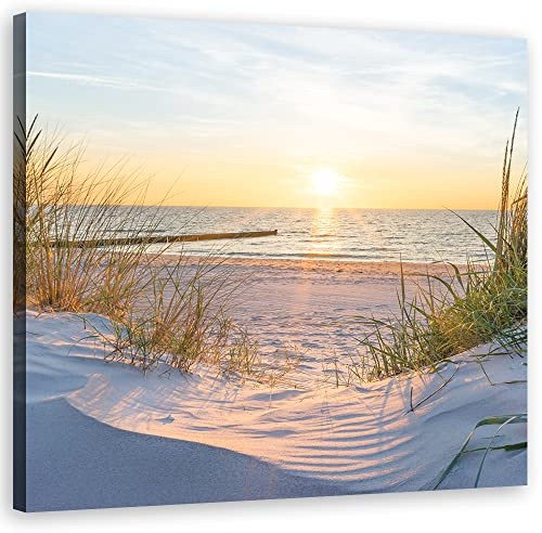 Feeby Leinwandbild Steg zum Strand Gras Sonnenuntergang 30x30 cm Bild Kunstdruck Nordsee Ostsee Beige