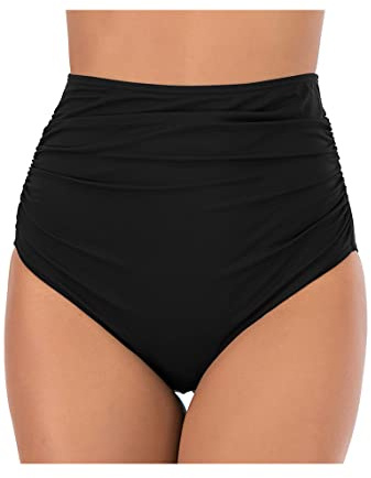 Lovache Women's High Waisted Bikini Bottoms Solid Ruched Tummy Control Swim Briefs Black