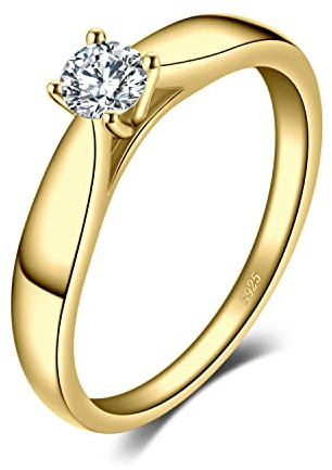 JewelryPalace Classic 0.2ct Cubic Zirconia Solitaire Engagement Rings for Women, 925 Sterling Silver 14K Yellow Gold Plated Ring for Her, Round Cut Simulated Diamond Anniversary Wedding Rings M