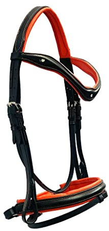 Leather Horse Bridle Black With Orange Padding Horse Comfort Bridle Dressage With Bling Browband And Free Matching Reins (PONY)