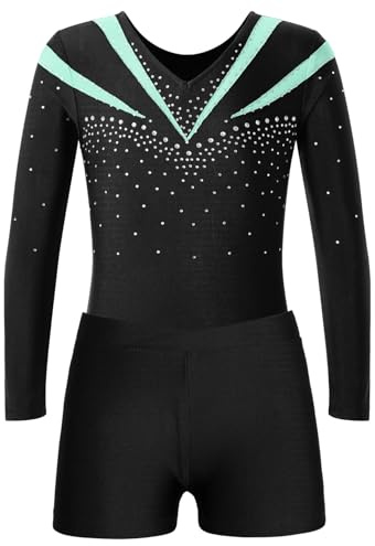 Jugaoge Flicka gym kostym strass gymnastikdräkt långärmad tröja med ben sport yoga fitness träning shorts korta byxor dans kläder set, Ljusgrön, 134/140 cm