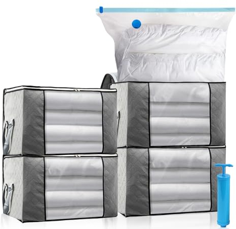 Vakuum Aufbewahrungstasche Große Kapazität, Aufbewahrungs Set – 4 Vakuumbeutel, 4 Aufbewahrungsbox Kleideraufbewahrung mit Deckel, 1 Handpumpe, für Kleidung Bettdecken Bettwäsche Kissen