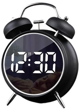 Réveil numérique noir Double cloche LED À brancher ou piles Métal silencieux Alarme forte pour dormeurs lourds Pour adultes