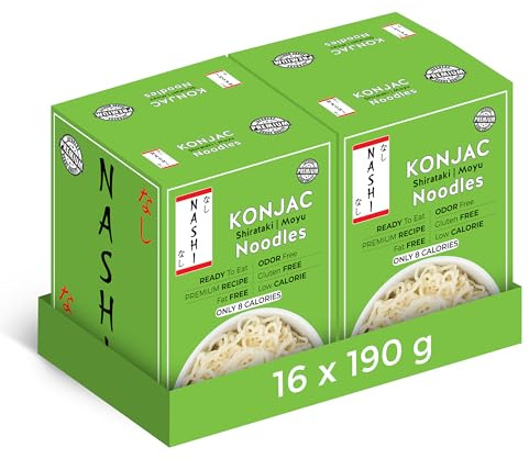 Nashi Konjac Shirataki Premium Noodles (8×190g) X 2 (Pack of 16) - Odour Free, Suitable for Vegan, Fat Free & Low in Calories, Glucomannan Keto Friendly, Low Carb Diet| Ready to Eat