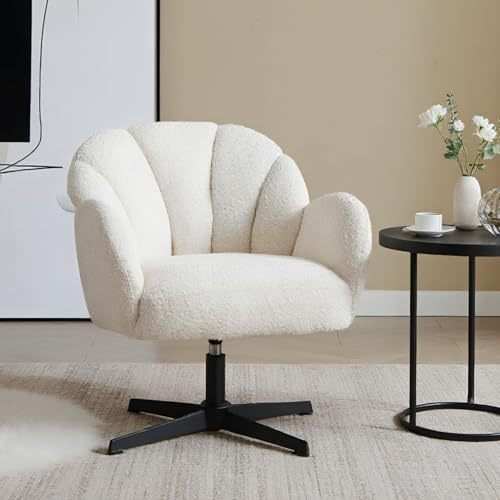 chairus Fauteuil Pivotant sans roulettes Chaise Coquillage Confortable Fauteuil Salon en Fausse Fourrure Chaise Coiffeuse pour Chambre, Blanc