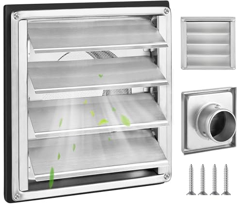 Rejilla de ventilación de acero inoxidable, rejilla de ventilación de acero inoxidable, 150 mm, rejilla de protección contra la intemperie, cubierta extractora exterior con láminas móviles, válvula