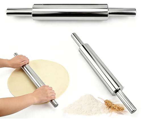 Mattarello in acciaio inox, 43 cm, antiaderente in acciaio inox, mattarello con manico, rotante, per fondente, pizza, gnocchi, pane, torte, pasta per pasta, pasta frolla