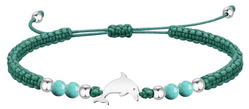 cotigo Pulsera Hilo Encerado con Turquesa Natural y Delfín en Acero Inoxidable - Amuleto de Protección y Libertad Ajustable - Regalo Original de Amistad para Mujer y Hombre (Turquesa)