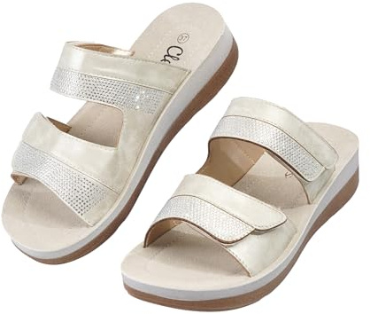CLEIKS Sandali Aperti Donna Glitter Sandali Sandali Roman Estate Pantofole con Chiusura a Strappo Regalo per la Mamma Pantofole da Casa Scarpe per Donne Anziane (Beige, 41 EU, WCL260434-7)