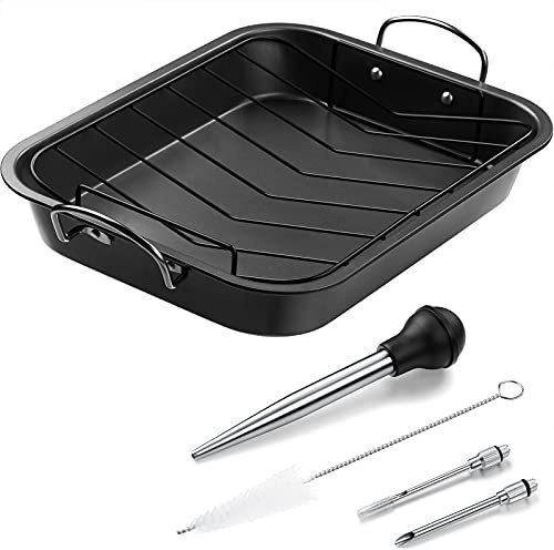 Chengu 14.6 x 11.4 Inch Turkey Roasting Pan with Rack Baster Injector and Cleaning Brush Nonstick Turkey Roaster Set for Baking Chicken Meat and Vegetables