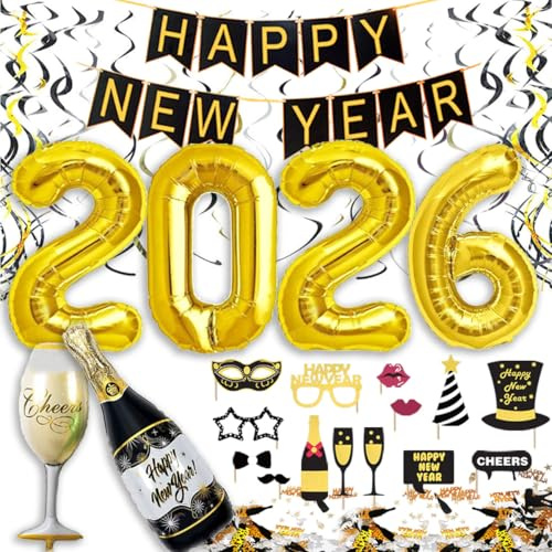 Decoration Nouvel An 2026, Deco Fete Nouvelle Année, Bonne Année Bannière, 2026 Ballons Géants, Ballons Or et Noir, Tourbillon Suspendu, Ballons Champagne et Confettis