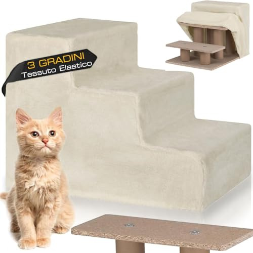 BAKAJI Échelle pour Animaux domestiques avec 3 marches et revêtement Amovible en Peluche, Rampe pour Chats et Chiens âgés, échelle avec Rembourrage Haute densité, 45,5 x 36 x 34 cm… (Beige)