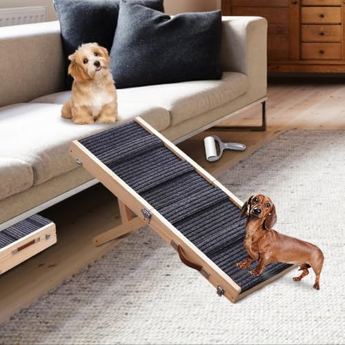 Aitakatta Verstellbare Hunderampe, tragbar, zusammenklappbar, 81,3 cm lang, Holz-Haustierrampe für Bett mit rutschfester Traktionsmatte für kleine Hunde, Kletterleiter für Sofa, Bett, Couch, Auto