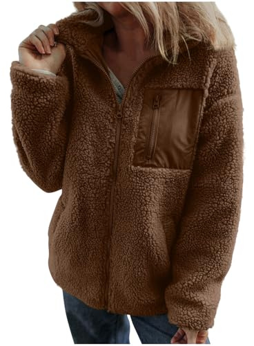 Fleece Jacket Women UK Ladies Teddy Fleece Sweatshirt Winter Coat Sherpa Lined Jacket Women Full Zip Hoodie Teddy Bear Coats Fuzzy Fleece Sweatshirts Ladies Fleece Tops Sweater Outwear Winter Clothes