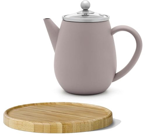 Doppelwandige Mini Teekanne 0.5 Liter - beton-graue isolierende Edelstahl Kanne Set mit braunem Holzuntersetzer & Tee-Filter-Sieb-Einsatz - für lose Teesorten