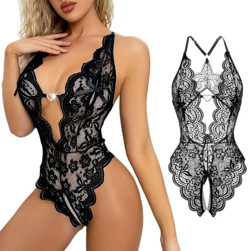 Women's Lace Bodysuit Sexy Lingerie One Piece Teddy Underwear Halter Deep V Chemise Naughty Hollow-out Slim Bodycon Mesh Stretch Jumpsuit Leotard Sleepwear Backless Negligee for Valentine's Day
