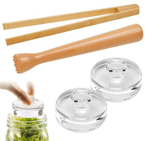 Vunanvu Kit para Hacer Kimchi, Kit de Fermentación con 2 Pesos de Fermentación de Vidrio 7 cm para Tarros, Machacador y Pinza de Madera para Preparar Kimchi, Chucrut y Encurtidos en Fermentadores