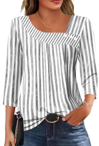 Kistore Blouse Femme Col Irrégulier 3/4 Manche T Shirt Chemisier Chic et élégant Tunique Vetement Femme Mode 2026 Bande(Blanc Grisâtre,L)