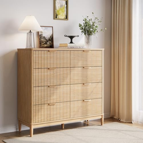 LINSY Fluted 8 Drawer Dresser for Bedroom, 47 Wide Mid-Century Modern Tall Chest of Drawers, Deep Storage Dresser with Curved Corner Design, Large Accent Wood Cabinet for Bedroom, Oak