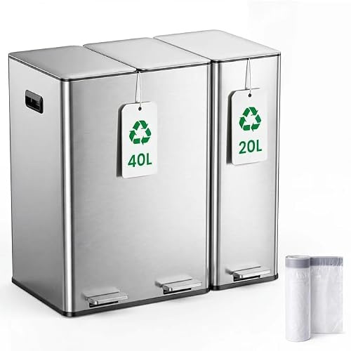YEAUPE PRO Pattumiera Cucina 60L, Set 2x20L + 20L per Raccolta Differenziata, Bidone Cestino Spazzatura in Acciaio Inox con Pedali, Soft Close, Secchi Rimovibili, Contenitori e 15 Sacchetti Inclusi