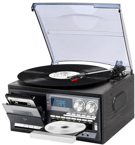 Retro Musikcenter, Skivspelare Med Kassett Och CD Spelare, 3 Hastigheter Med Dammskydd, Bluetooth Streaming FM Radio USB Och Inbyggda Stereo Högtalare