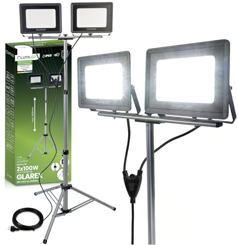 Lumiled byggspotlight LED med stativ 20 000 lm total effekt 2 x 100 W arbet 4 000 K justerbar höjd upp till 160 cm teleskopstativ IP65 360° rotation verkstad för byggarbetsplats garage