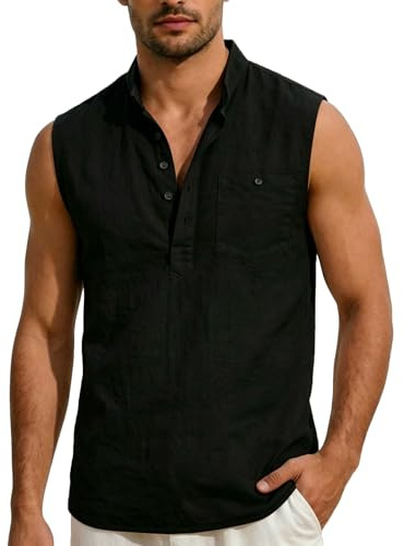 ATRACTIVOLL Camiseta Tirantes Hombre Camisa de Lino Hawaianas Playa Camiseta sin Mangas Henley Transpirable Camiseta Básica Tank Top Tiempo Libre Deporte Chalecos con Bolsillo Gym Gimnasio Fitness