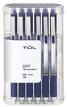 TUL Gel Pens, Retractable, Fine Point, 0.5 mm, Gray Barrel, Blue Ink, Pack Of 12