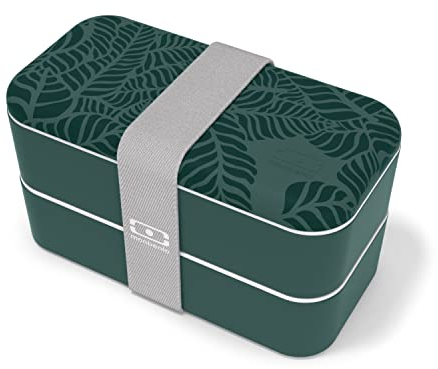 monbento - Bento Box MB Original Jungle con Scomparti Made in France - 2 Livelli Ermetici - Porta Pranzo Ideale per Ufficio/Scuola/Meal Prep - Senza BPA - Motivo Foglie - Verde