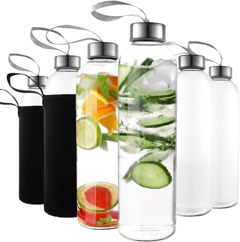 Kitchen Lux 16 Ounce Glass Water Bottles, Reusable Water Bottles with Airtight, Pack of 6, Stainless Steel Lids Carrying Strap And Nylon Water Bottle Protective Sleeves for Hot Or Cold Drinks