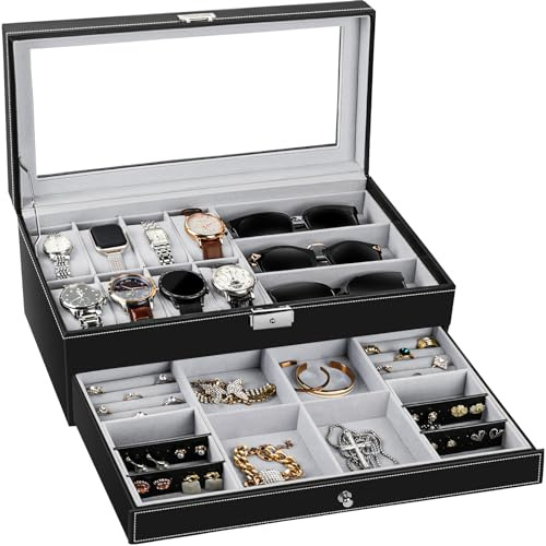 TomCare Watch Box Watch Case Jewelry Organizer Holder Jewelry Display Box Case Sunglasses Storage Organizer Lockable with Glass Top and PU Leather for Men Women, Black