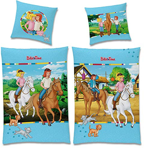 Bibi e Tina Biancheria da letto in flanella per bambini, double-face, 135 x 200 cm + 80 x 80 cm, con chiusura lampo YKK, 100% cotone Bibi Blocksberg Tina cavalli, Sabrina Amadeus Gatto