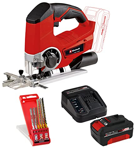 Einhell Akku-Stichsäge TE-JS 18/80 Li Power X-Change (18 V, 2400 min-^1 Hubzahl, 80mm max. Schnitttiefe, Staubblasfunktion, inkl. 4,0 Ah Akku, Ladegerät und Stichsägeblätter-Set)
