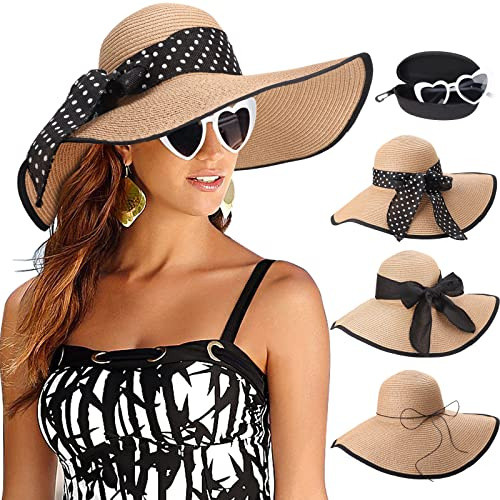 DRESHOW Damen Breit Krempe Strohhut Faltbar Schutz Strandhut Elegant Sommer Hut Sonnenhüte UPF 50+